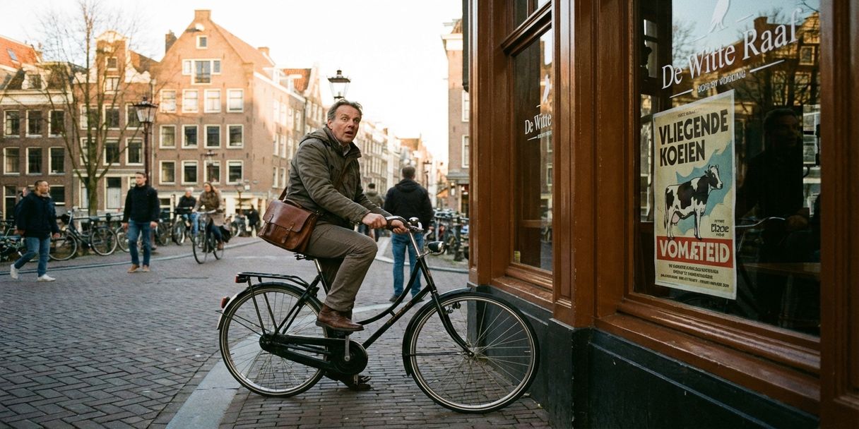 amsterdam-fietser-straat-reclame-reactie.jpg Nederlandse fietser stopt verrast voor café-advertentie op drukke Amsterdamse straat met traditionele architectuur