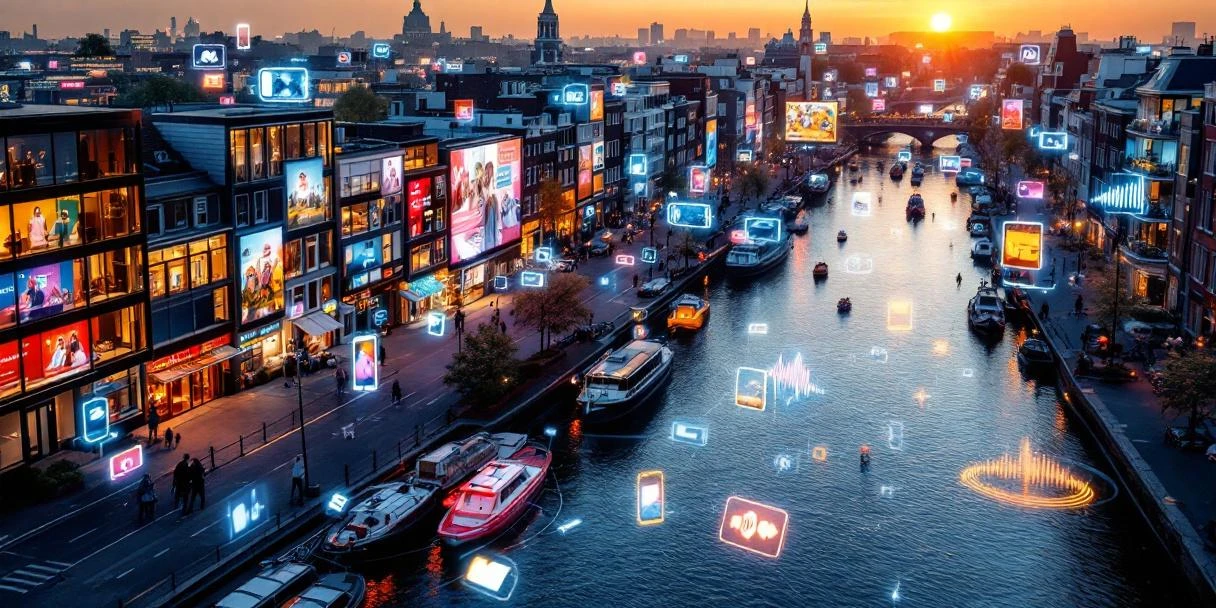 amsterdam-digitale-reclame-grachten-programmatic-advertising.jpg Luchtfoto van Amsterdam kanalen bij zonsondergang met moderne kantoorgebouwen en digitale advertentieschermen
