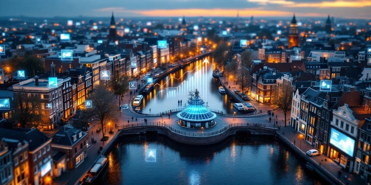Luchtfoto van Amsterdam's grachten met digitale billboards en holografische data visualisaties boven historische gebouwen