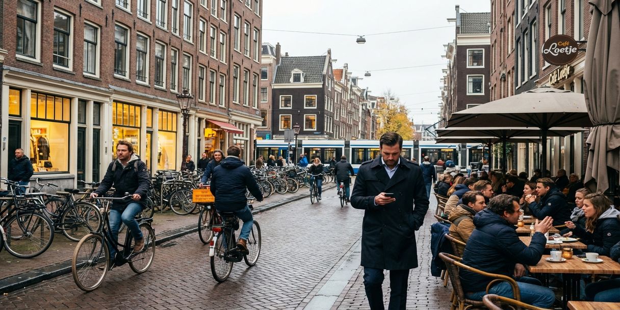 amsterdam-straat-fietsers-grachtenhuizen-cafe.jpg Professionele persoon met smartphone loopt door drukke Amsterdamse straat met fietsers en historische grachtenpanden