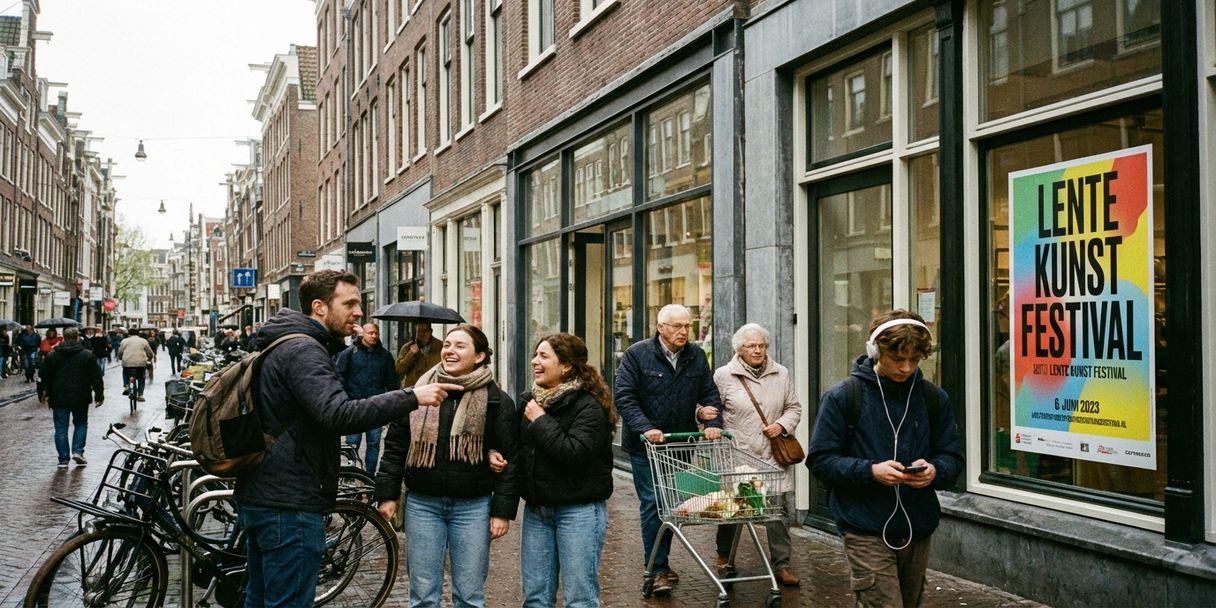 Drukke Amsterdamse winkelstraat met traditionele grachtenpanden waar voorbijgangers verschillend reageren op reclamecampagne