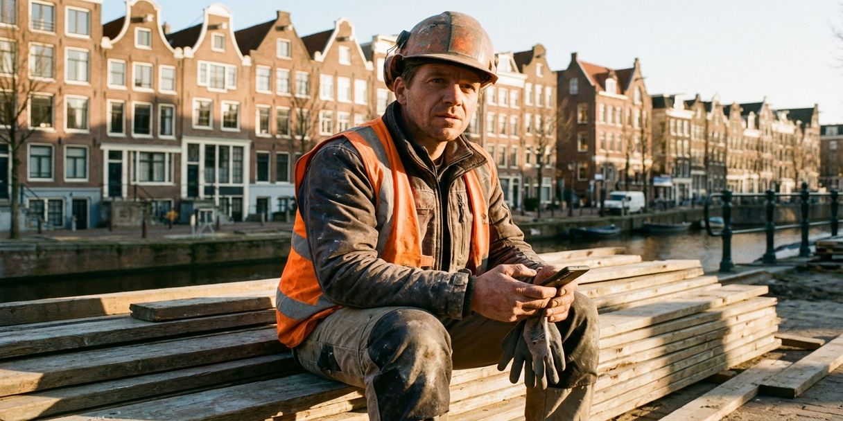 Bouwvakker in oranje veiligheidsvest bekijkt smartphone tijdens pauze, zittend op houten planken bij Amsterdamse grachten