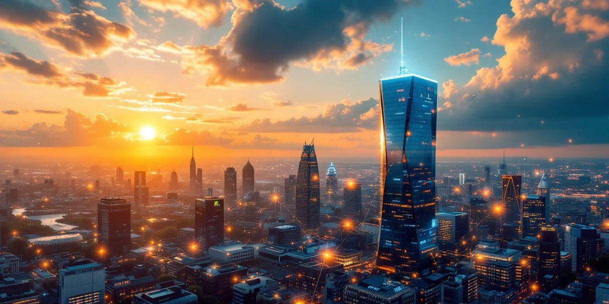 Amsterdam skyline met moderne kantoorgebouwen, grachtenhuizen en digitale holografische verbindingen bij zonsondergang