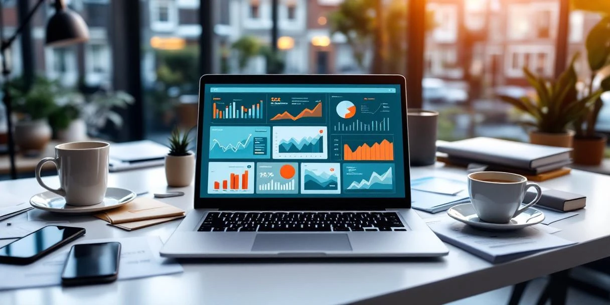 Laptop met digitale marketingdashboards en analytics op modern Nederlands kantoor bureau met koffie en smartphone