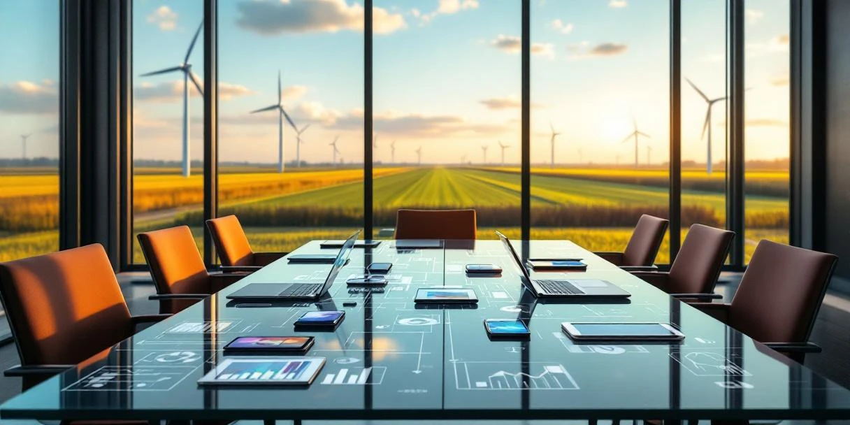 Moderne Nederlandse kantoorruimte met digitale apparaten op glazen vergadertafel, sociale media dashboards zichtbaar