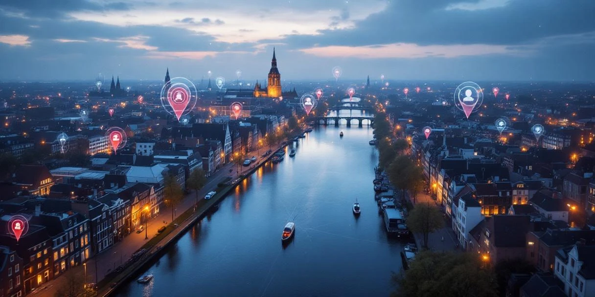 hyperlocal-targeting-nederlandse-stad-grachten.jpg Luchtfoto Nederlandse stad met grachten en digitale targeting-cirkels die hyperlocal advertentienetwerken visualiseren