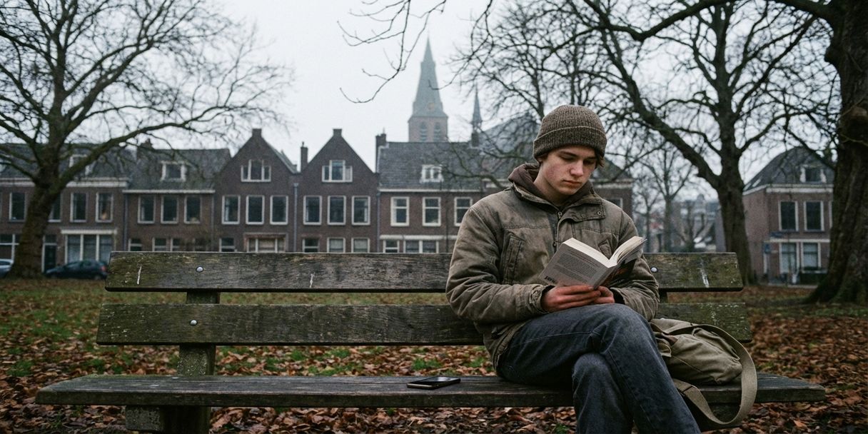 teenager-leest-boek-nederlands-park-winter.jpg Jongere leest boek op bankje in Nederlandse park met traditionele bakstenen gebouwen en kale winterbomen op achtergrond