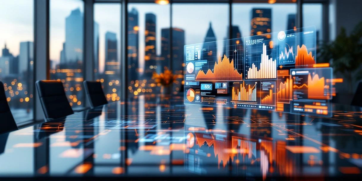 Moderne Nederlandse kantoorruimte met digitale schermen die analytics tonen, Amsterdam skyline op achtergrond