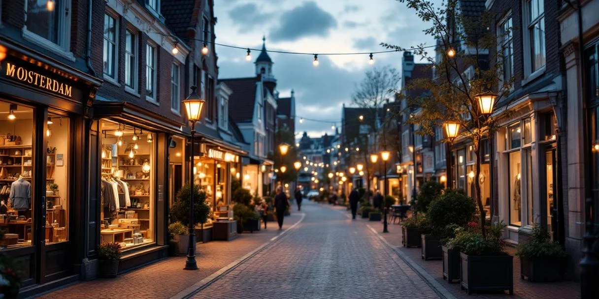 lokale-retailer-nederlandse-winkelstraat-klanten.jpg Lokale retailer zwaait naar klanten voor traditionele Nederlandse winkelpanden met moderne etalages in levendige winkelstraat