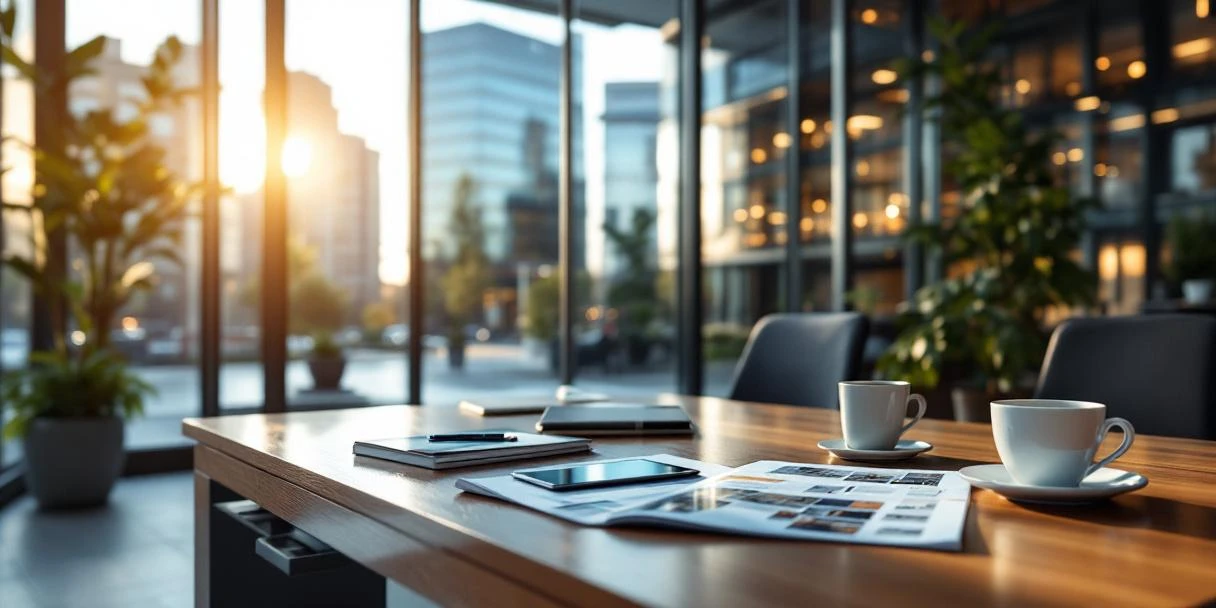 Marketing materialen op modern kantoorbureau met Nederlandse bedrijvenpark op achtergrond, tablet met grafieken zichtbaar