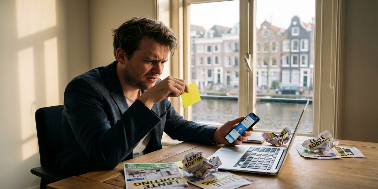 Gefrustreerde Nederlandse marketeer aan bureau met laptop en verfrommelde flyers, Amsterdamse grachten op achtergrond