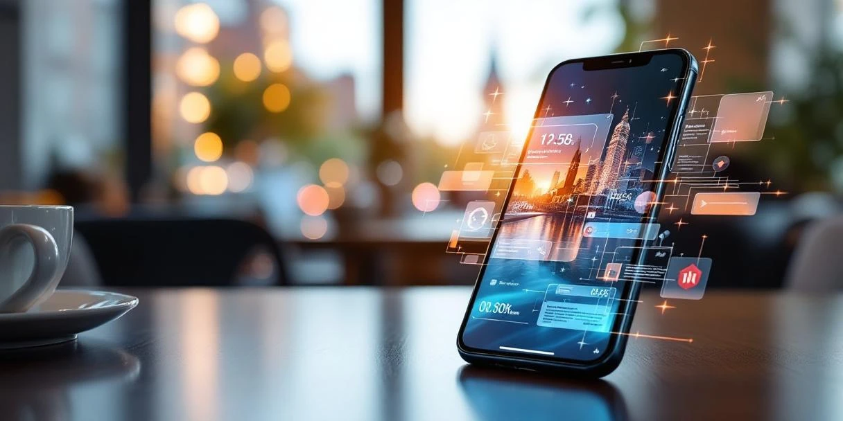 Moderne smartphone met kleurrijke advertentiebanners op scherm in Nederlands kantoor met holografische groeipijlen