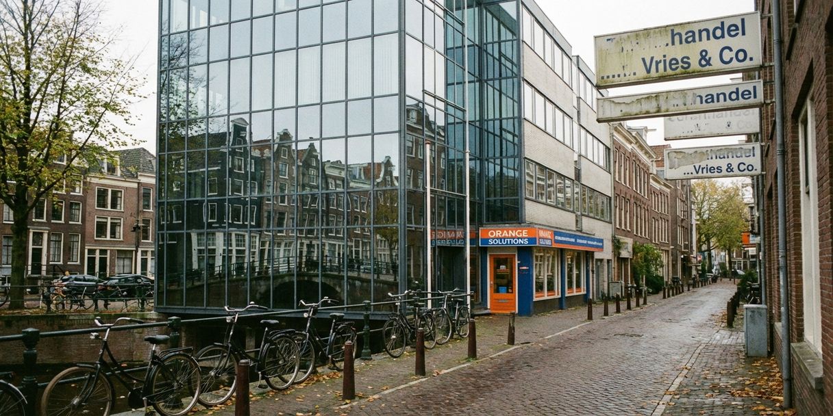 Modern glazen kantoorgebouw reflecteert Amsterdamse grachtenpanden, met fietsen en prominente winkel aan rustige straat