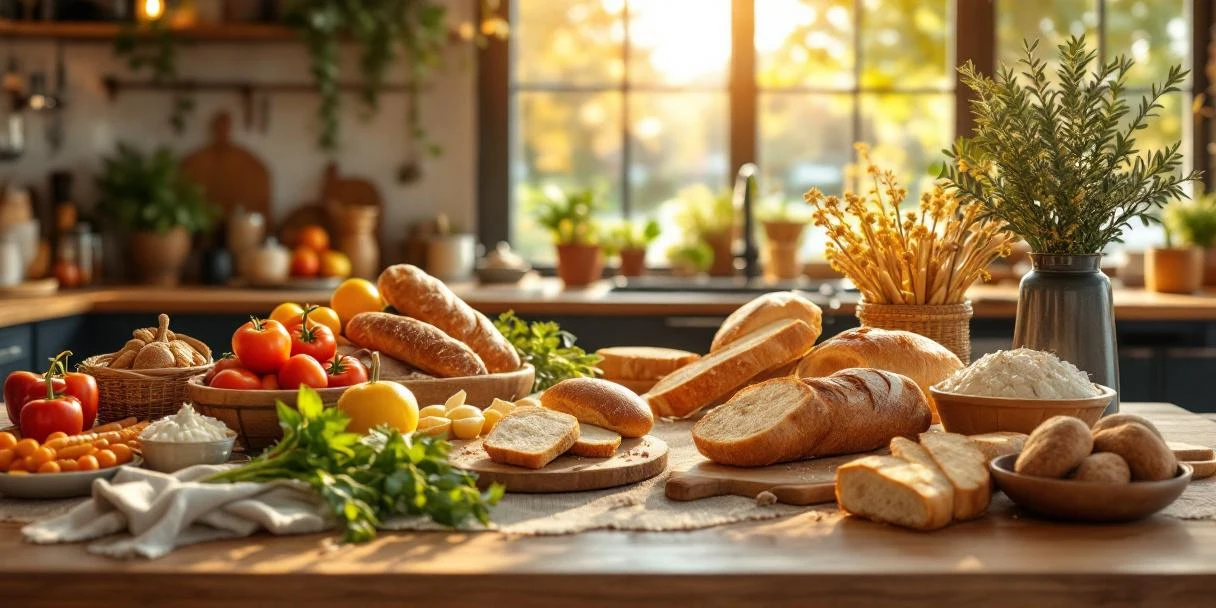 Elegante houten keukentafel met Nederlandse kazen, vers brood en groenten in moderne keuken met grachtenzicht