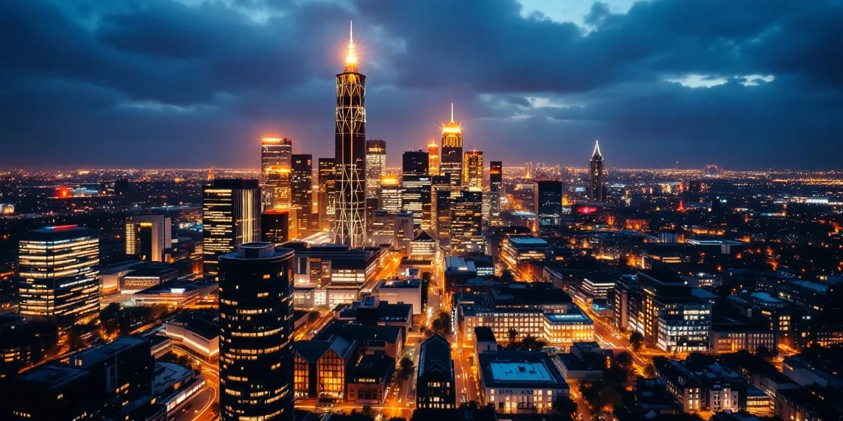 Nederlandse skyline bij schemering met verlichte kantoorgebouwen en holografische netwerkverbindingen tussen moderne architectuur