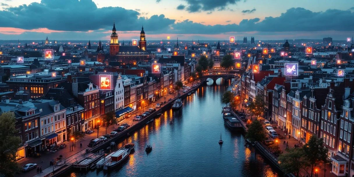 Luchtfoto Nederlandse stad met grachten en holografische media-projecties boven traditionele architectuur