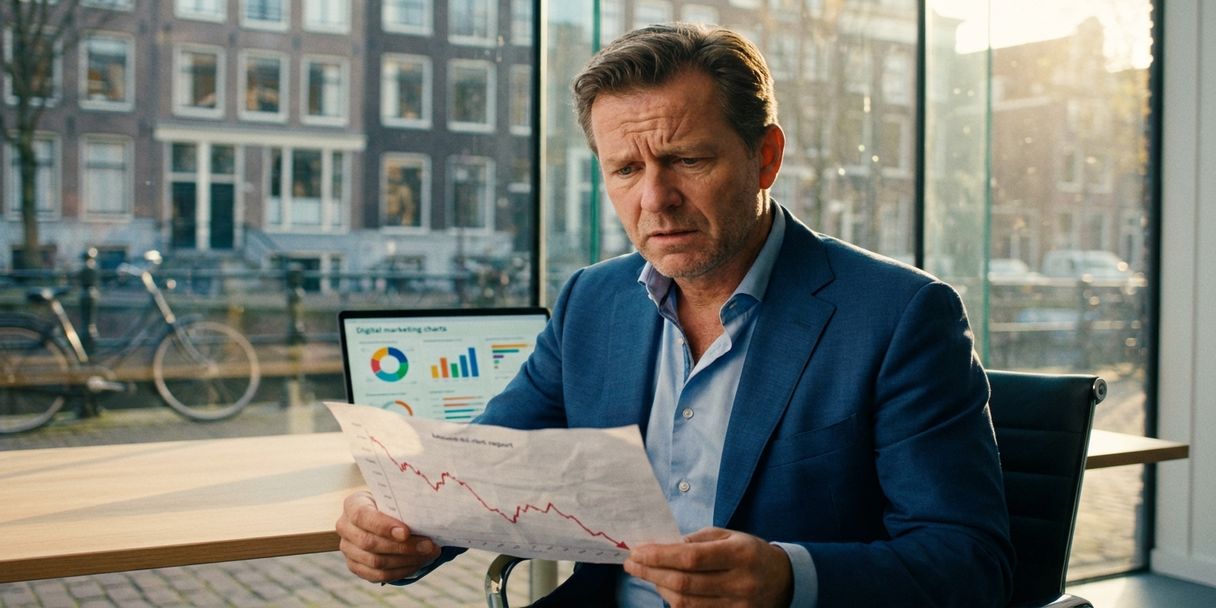 Nederlandse zakenvrouw bekijkt dalende advertentierapporten op modern kantoor in Amsterdam met kanalenhuizen op achtergrond