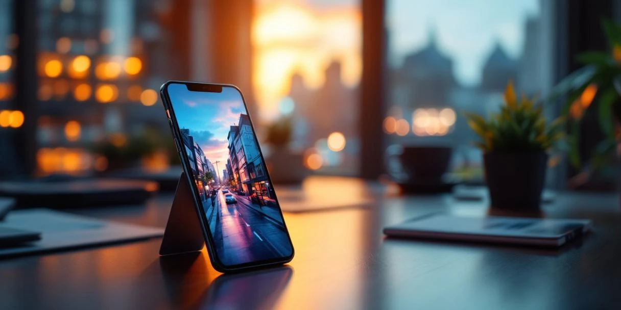 Smartphone met kleurrijke advertentie op scherm, liggend op modern bureau in Nederlands kantoor met stadsgezicht