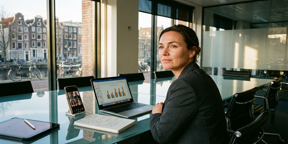 professional-businesswoman-amsterdam-office-communication.jpg Professionele zakenvrouw aan vergadertafel met laptop, smartphone en tablet in modern Amsterdam kantoor met grachtenhuizen