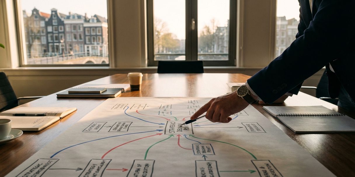 business-strategie-flowchart-amsterdam-kantoor.jpg Zakelijke strateeg wijst naar stroomschema op conferentietafel in Amsterdam kantoor met kanaluitzicht