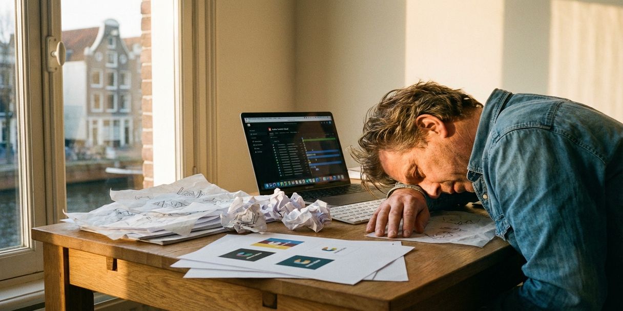 Nederlandse ontwerper werkt aan bureau met ontwerpschetsen en kleurvariaties, laptop met designsoftware, Amsterdam grachtenhuizen op achtergrond