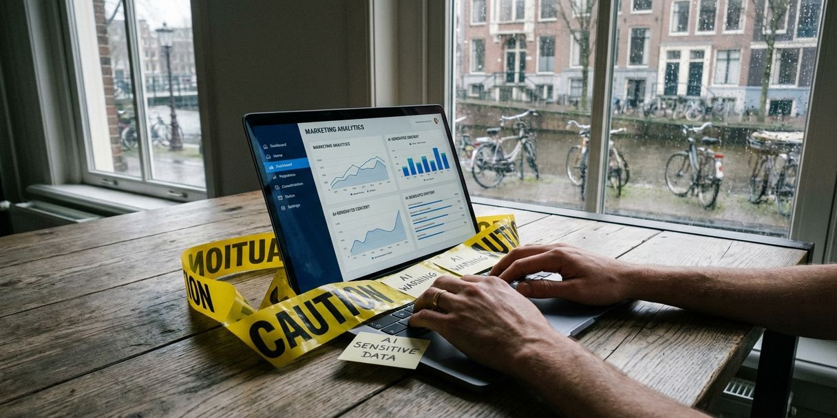 Laptop met marketinganalytics op houten bureau met waarschuwingstape, handen typen voorzichtig, Amsterdam kantoor