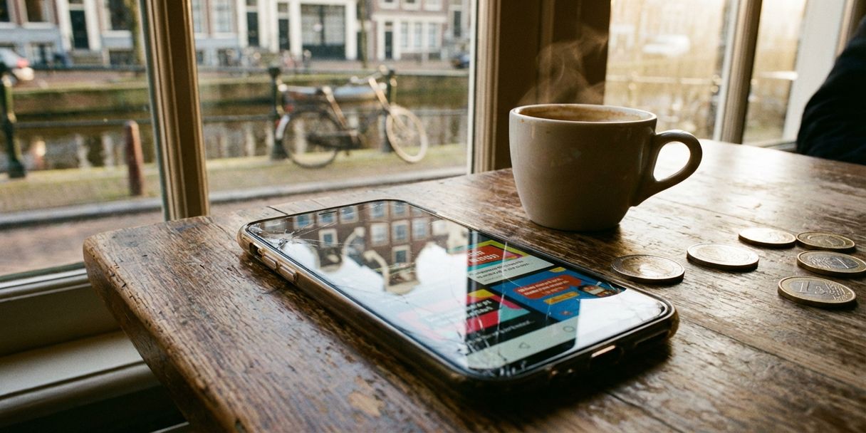 Smartphone met digitale advertenties op houten cafétafel, Amsterdam grachtenhuizen weerspiegeld in scherm, koffie en euro's