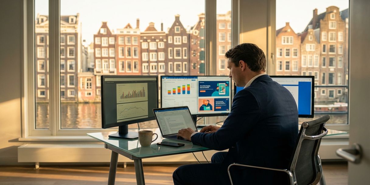 amsterdam-zakenman-kantoor-data-analytics.jpg Zakenman in pak aan glazen bureau met data-analytics schermen, Amsterdam kantoor met grachtenpanden op achtergrond