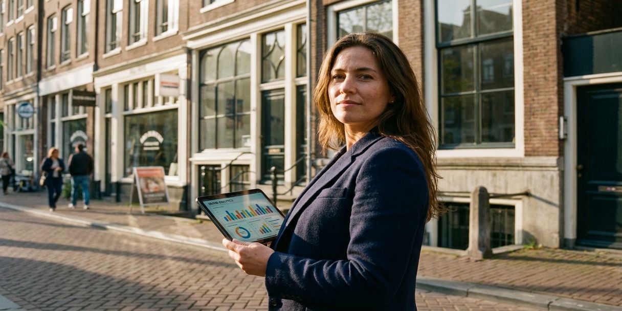 Professionele zakenvrouw met tablet vol analytics staat voor Amsterdamse grachtenpand op kasseienstraat