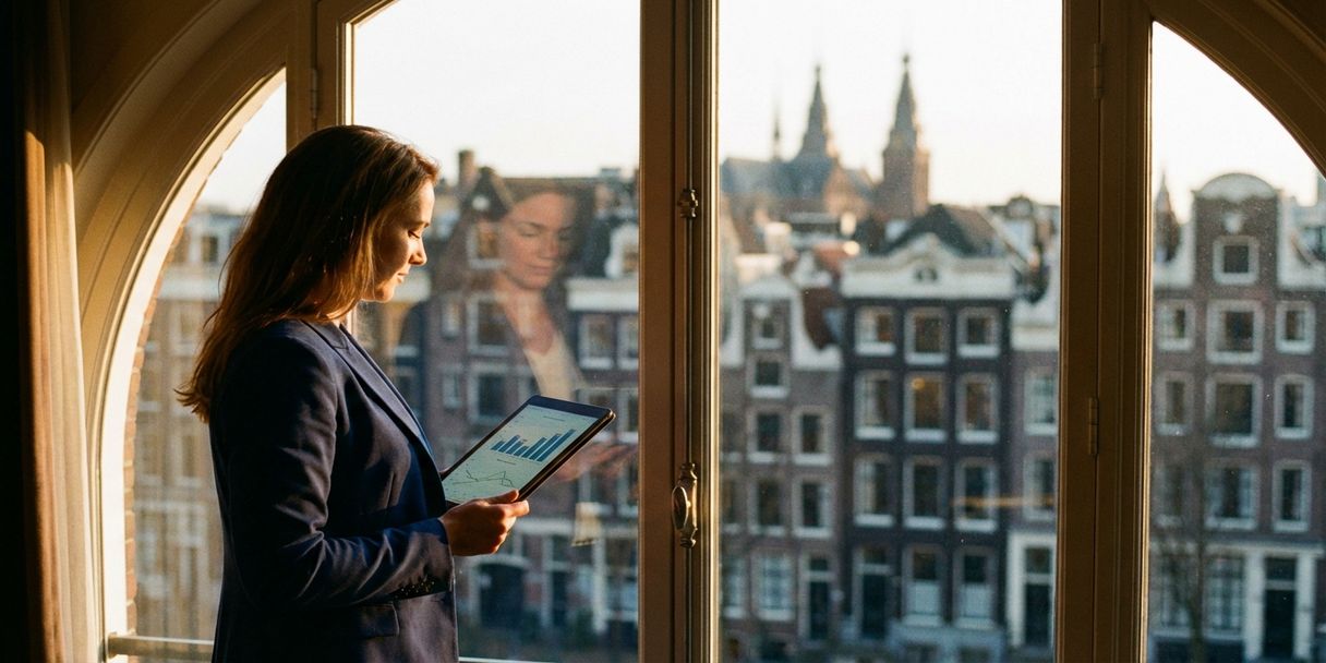 Professionele zakenvrouw met tablet toont stijgende grafieken bij raam met uitzicht op Amsterdamse grachten