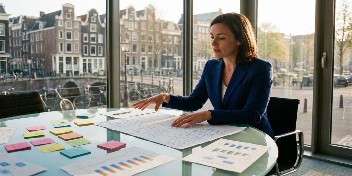 Zakenvrouw in marineblauw pak plant strategie aan glazen vergadertafel in Amsterdam kantoor met grachtenhuizen op achtergrond