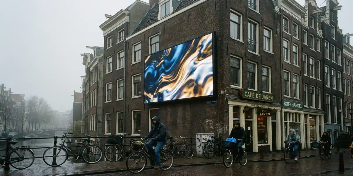 nieuw-merk-billboard-amsterdam-gracht.jpg Verlicht reclamebord van een onafhankelijk Nederlands merk op een bakstenen gevelwand langs een Amsterdams kanaal, fietsers op de kasseien.