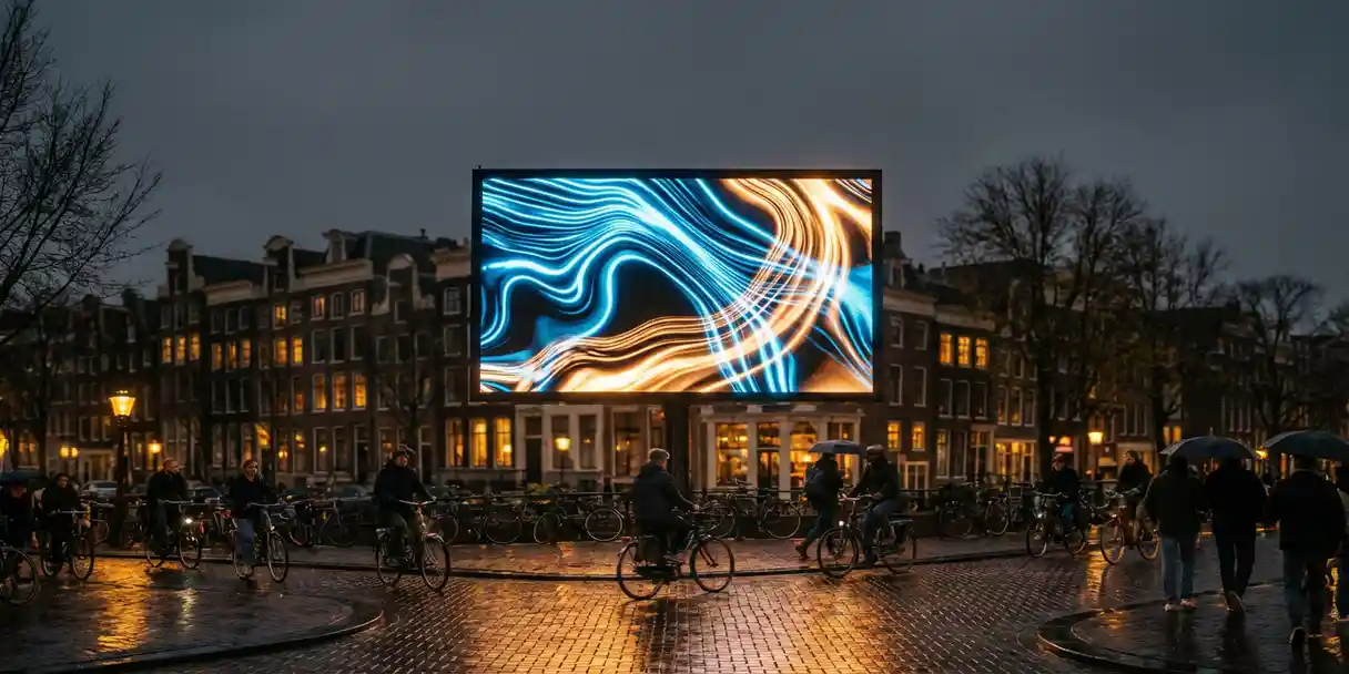 Verlicht digitaal billboard op een drukke Amsterdamse straat bij schemering, met fietsers, voetgangers en grachtenpanden op de achtergrond.