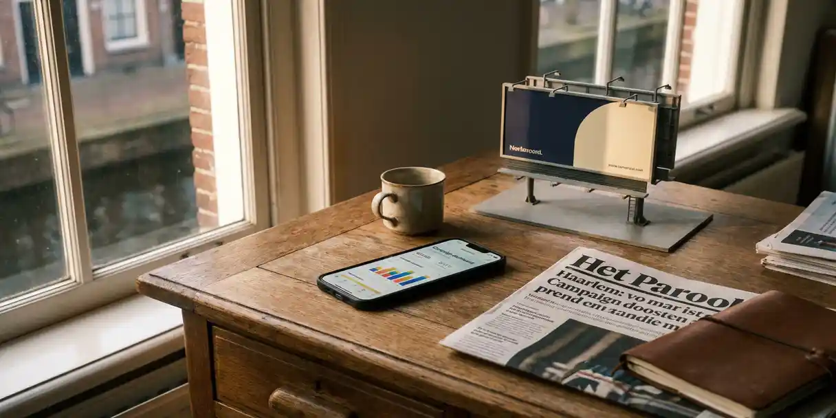 Eiken bureau in Haarlems grachtenpand met smartphone met campagnedashboard, gevouwen krant en miniatuur billboard, in warm middaglicht.