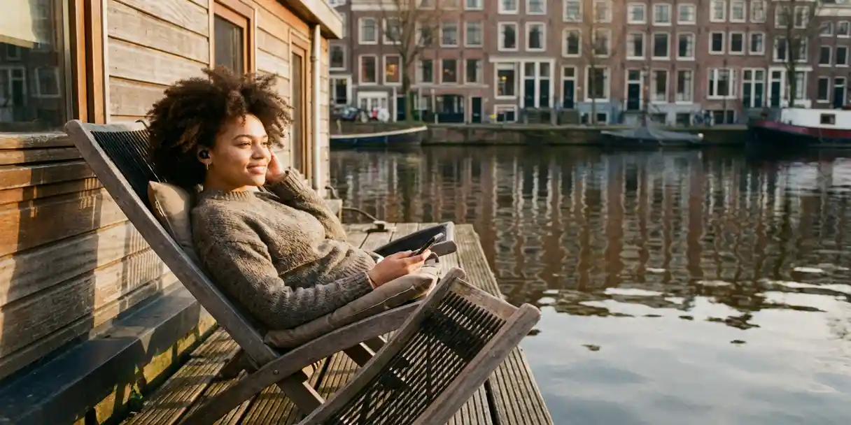 Jonge Nederlandse vrouw met draadloze oordopjes ontspant op een woonbootdek aan een Amsterdams gracht, smartphone in de hand, gouden middaglicht.