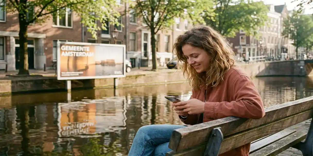 amsterdam-vrouw-gracht-mobiel-spelen.jpg Jonge vrouw op een bankje aan een Amsterdamse gracht, spelend op haar smartphone in warm middaglicht tussen iepen.