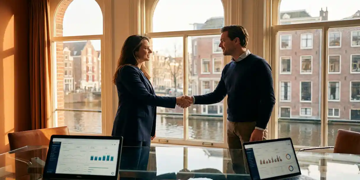 Twee professionals schudden handen bij een glazen bureau in een modern Amsterdams kantoor met kanaalpanorama en campagne-dashboards op laptops.