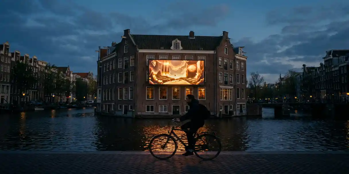 gaming-billboard-amsterdam-gracht-schemering.jpg Verlicht gamingbillboard op een Amsterdams grachtenpand bij schemering, met warme amberreflecties in het water en een fietser op de keien.