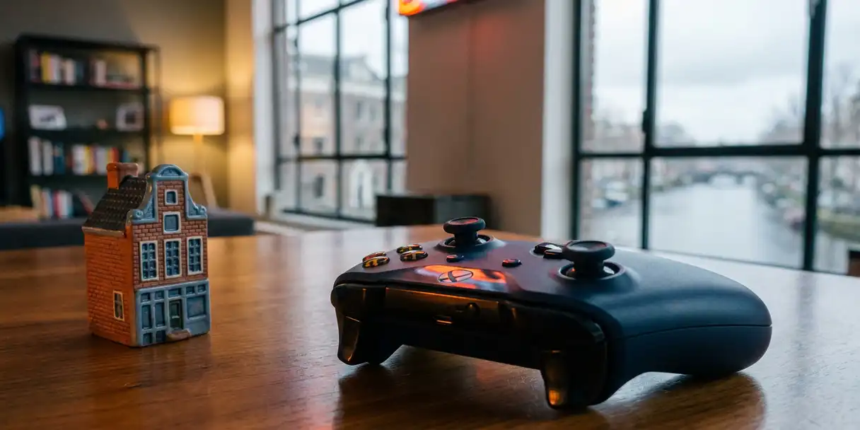 Zwarte gaming controller op gepolijst bureau naast miniatuur Amsterdams grachtenpand, warm amberkleurig licht in modern loft-interieur.
