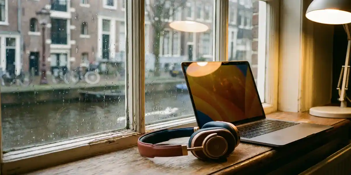 koptelefoon-amsterdam-grachtenpand-interieur-sfeer.jpg Over-ear hoofdtelefoon op vensterbank van Amsterdams grachtenpand, laptop met zacht scherm, regendruppels op glas, warm amberkleurig interieurlicht.