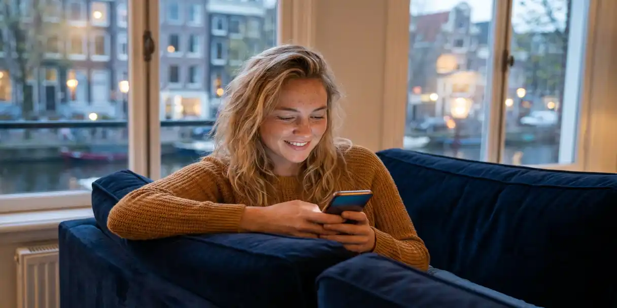 mobiel-gamen-amsterdam-vrouw-avond.jpg Jonge Nederlandse vrouw speelt mobiel spel op smartphone in modern Amsterdam appartement, zacht avondlicht door hoge grachtenhuisramen.