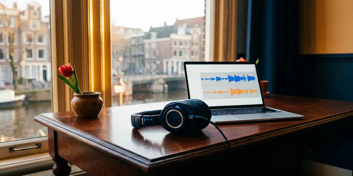 studio-koptelefoon-amsterdam-bureau-geluid.jpg Professionele studiohoofdtelefoon op een bureau naast laptop met audiogolfvormen en tulp, warm Amsterdams kanaallicht.