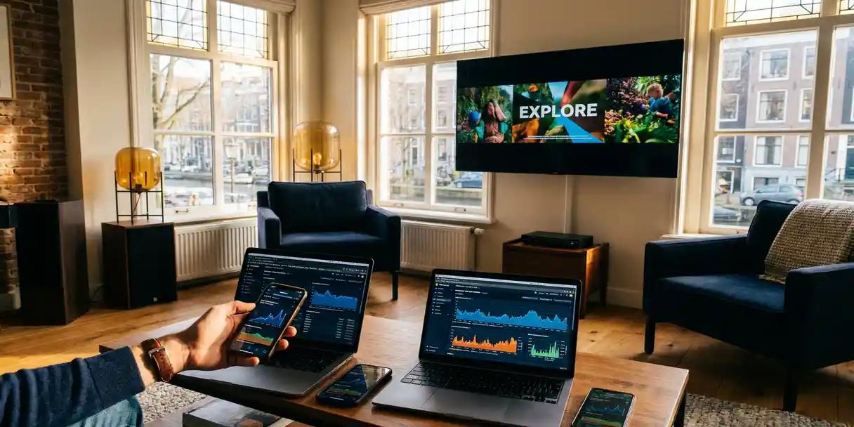 Moderne flatscreen-tv aan de muur van een Amsterdams grachtenpand met laptops en smartphones met marketingdashboards in warm middaglicht.