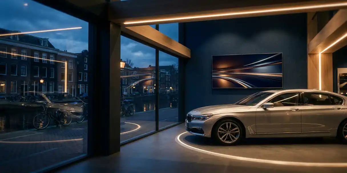 Glanzende zilveren sedan in Nederlands autoshowroom bij schemering, met zicht op grachtenstraat en fietsen door grote ramen.