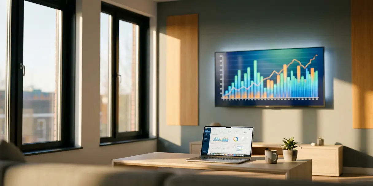 campagne-analyse-dashboard-woonkamer.jpg Flatscreen televisie aan muur in moderne Nederlandse woonkamer met campagne-analyticsdashboards, laptop op witte eiken salontafel, natuurlijk middaglicht.