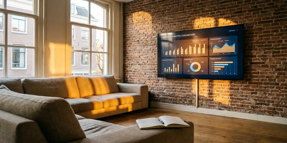 Flatscreen tv aan woonkamermuur toont campagne-analysedashboard, notitieboek op linnen bank, middaglicht door hoge ramen.