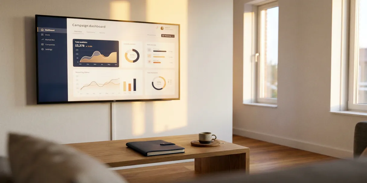 campagne-dashboard-televisie-woonkamer-amsterdam.jpg Flatscreen tv aan witte muur toont campagnedashboard, met notitieboek en espressokopje op eikenhouten bureau in Amsterdams appartement.