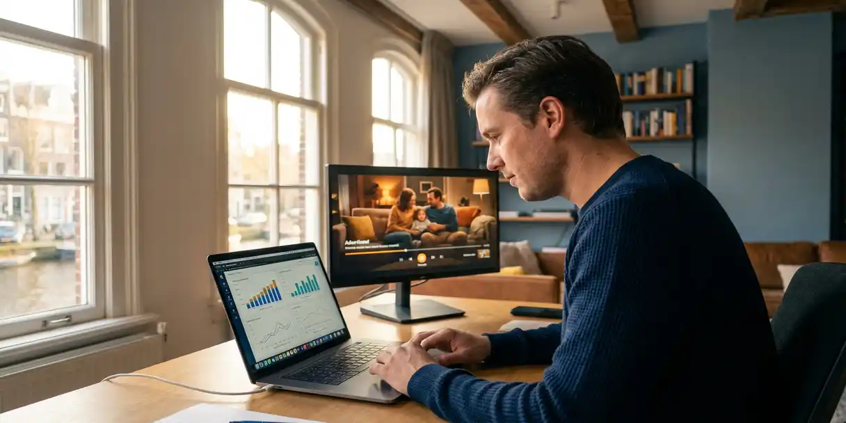 televisie-advertentie-campagne-optimalisatie.jpg Mediaprofessional past campagnegrafiek aan op laptop in Amsterdams grachtenpand, warm middaglicht door hoge ramen, tweede monitor toont tv-reclame.