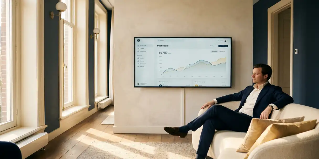 Goed geklede professional op moderne bank in lichte Amsterdamse woning met financieel dashboard op muurscherm.