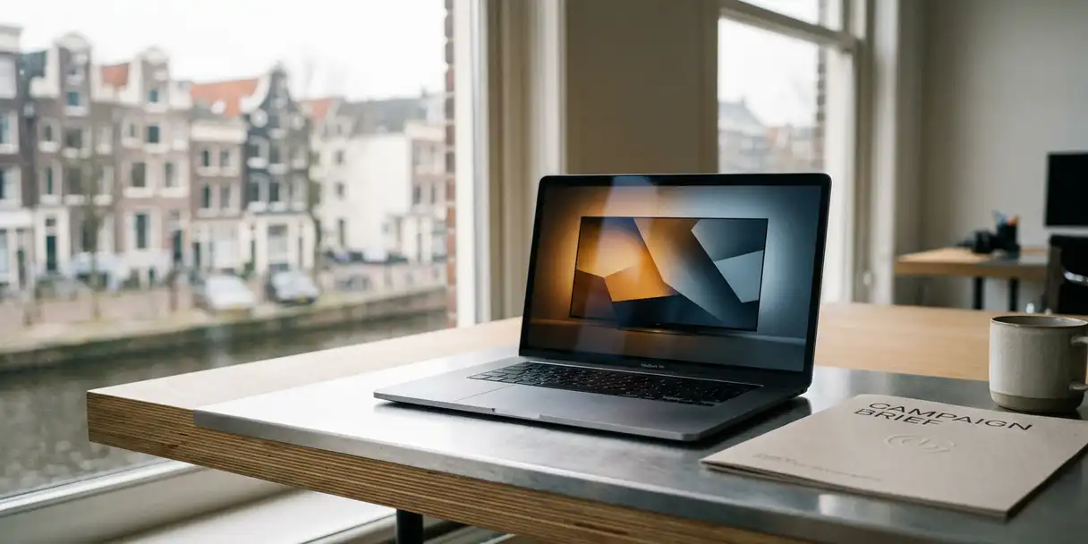 Laptop met tv-interface op minimalistisch bureau in Amsterdam, campagnebrief ernaast, grachtenarchitectuur zichtbaar door raam.